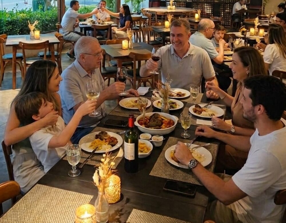 Família reunida à mesa no salão do Massa Fina
